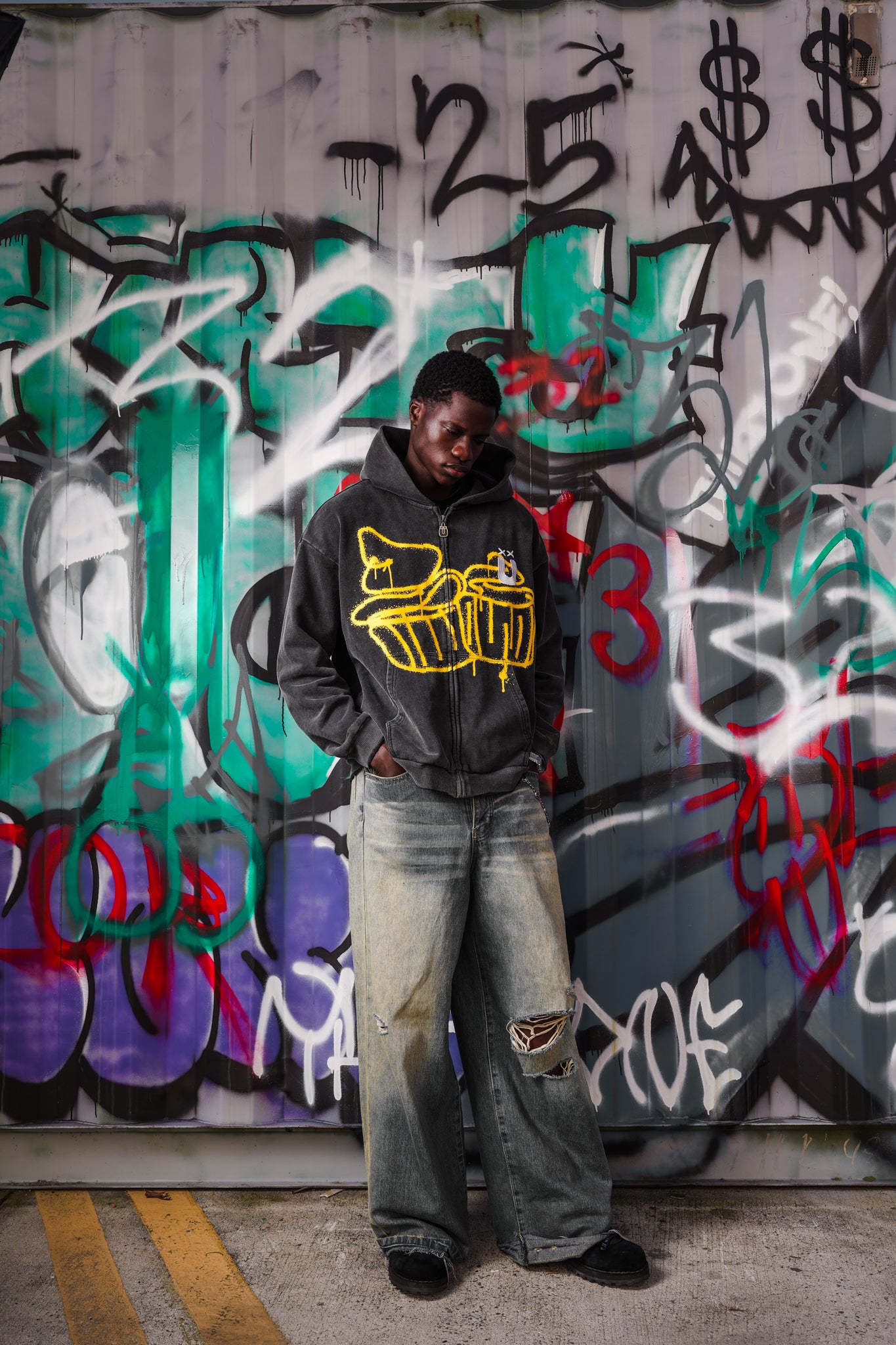 Spray Distressed Zip-Up Hoodie